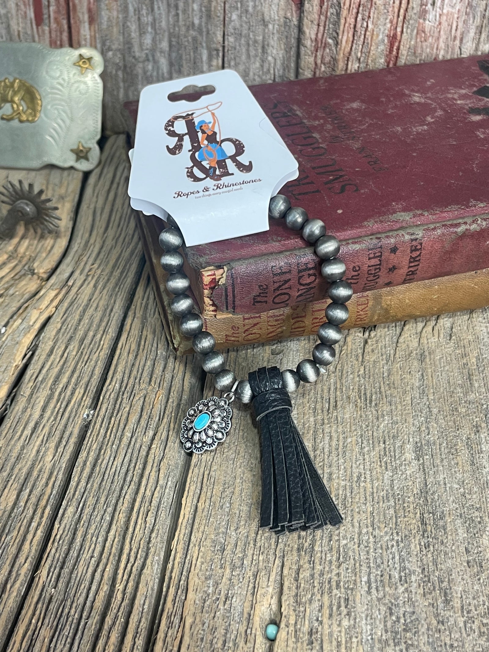 Western Pearl Concho Leather Tassel Bracelet