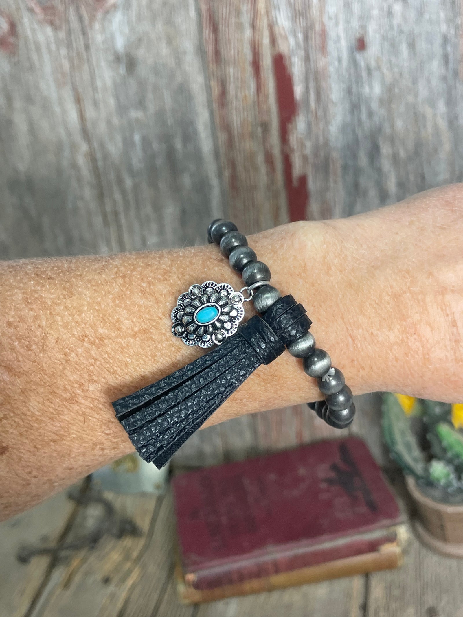 Western Pearl Concho Leather Tassel Bracelet