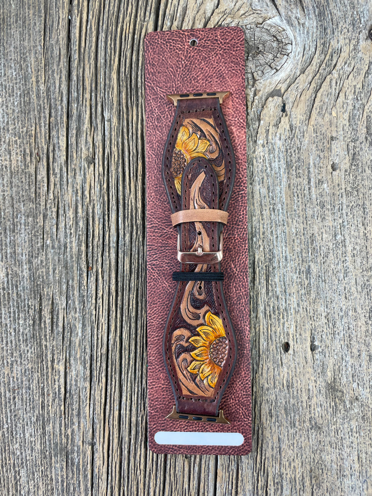 Tooled Leather Apple Watch Band Yellow Sunflower