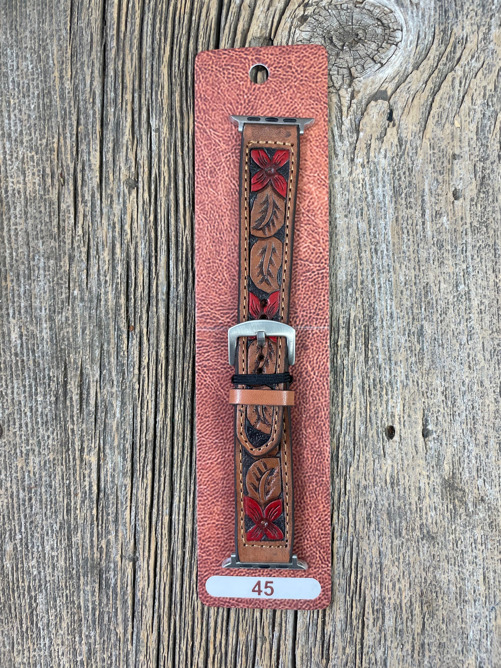 Tooled Leather Apple Watch Red Flower