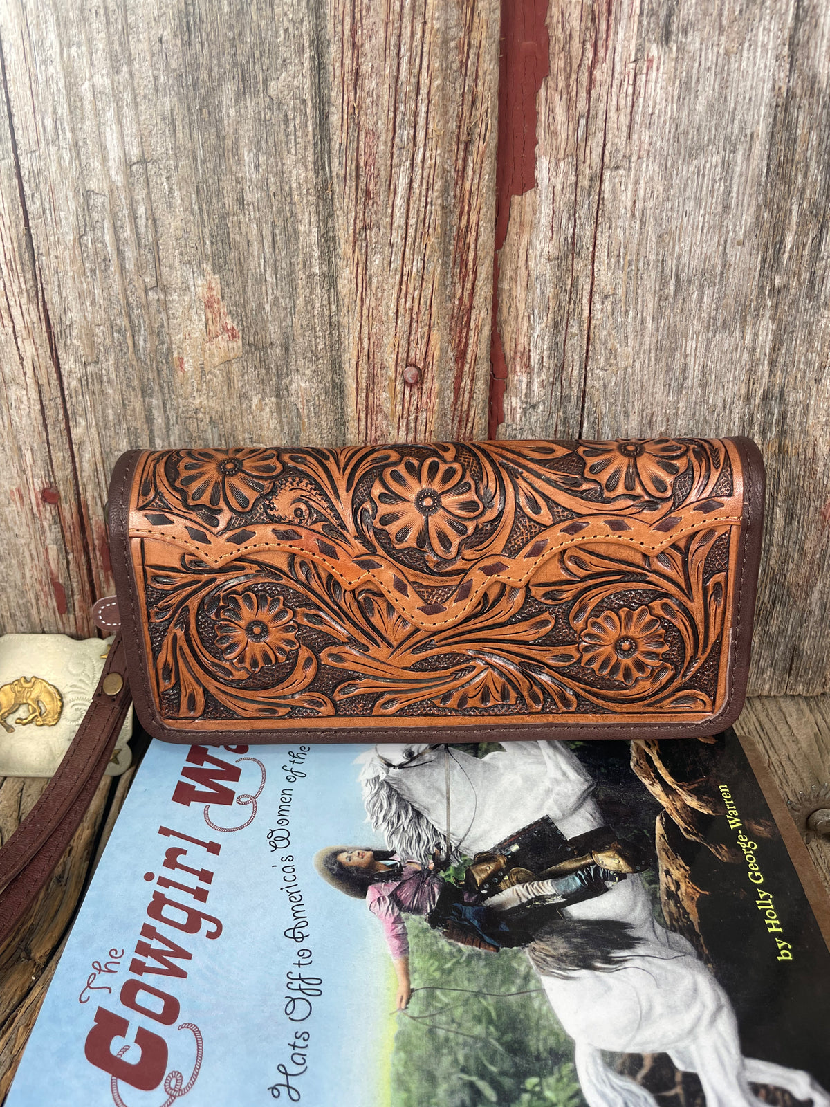 Tooled Leather Buckstitch Tri Fold Wallet