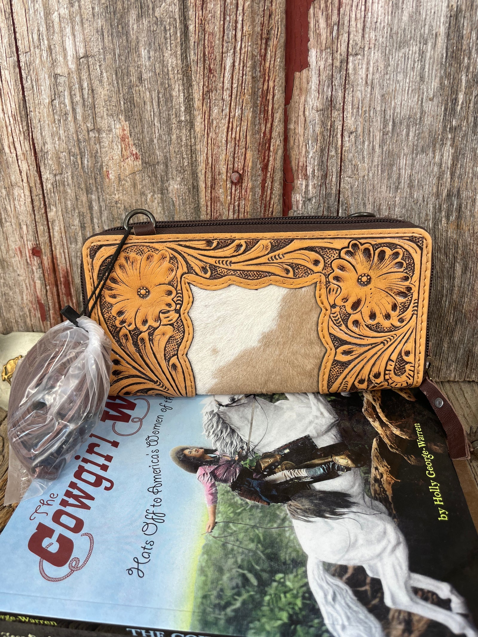 Tooled Leather & Cowhide Double Zip Wallet
