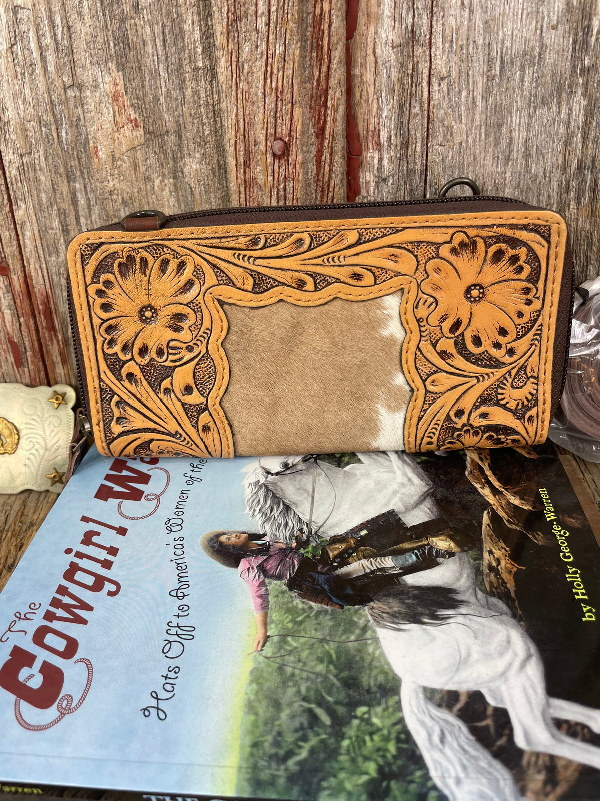 Tooled Leather &amp; Cowhide Double Zip Wallet