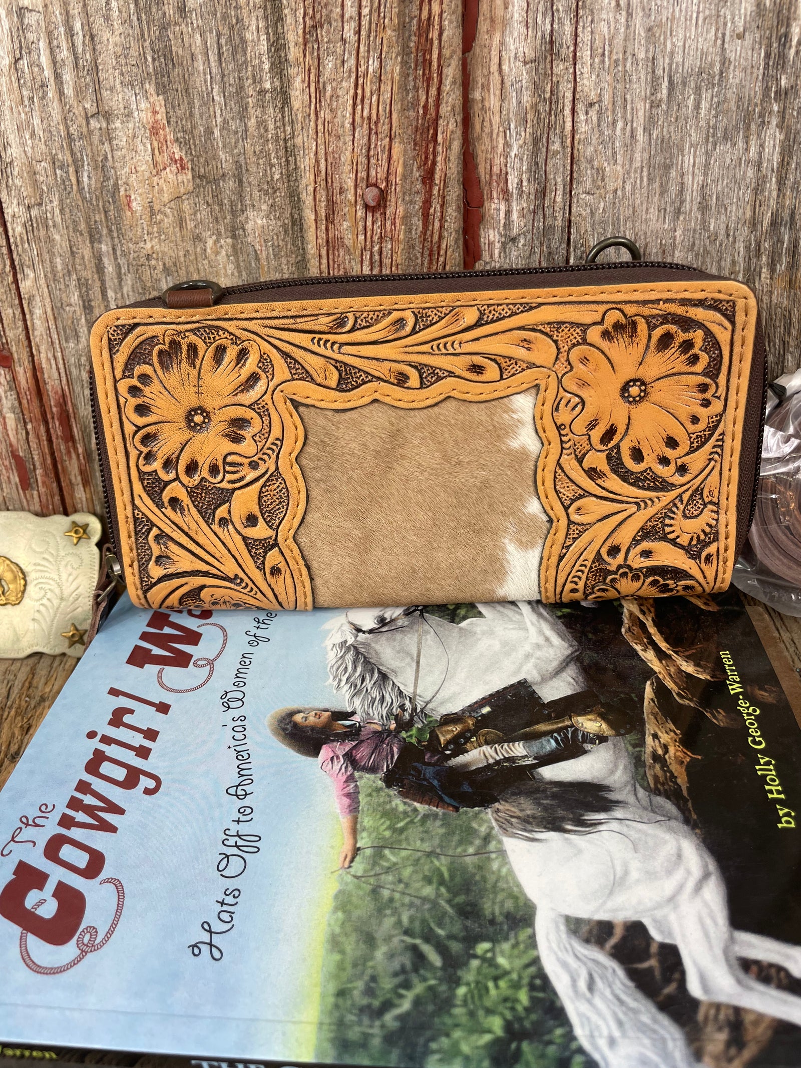 Tooled Leather & Cowhide Double Zip Wallet