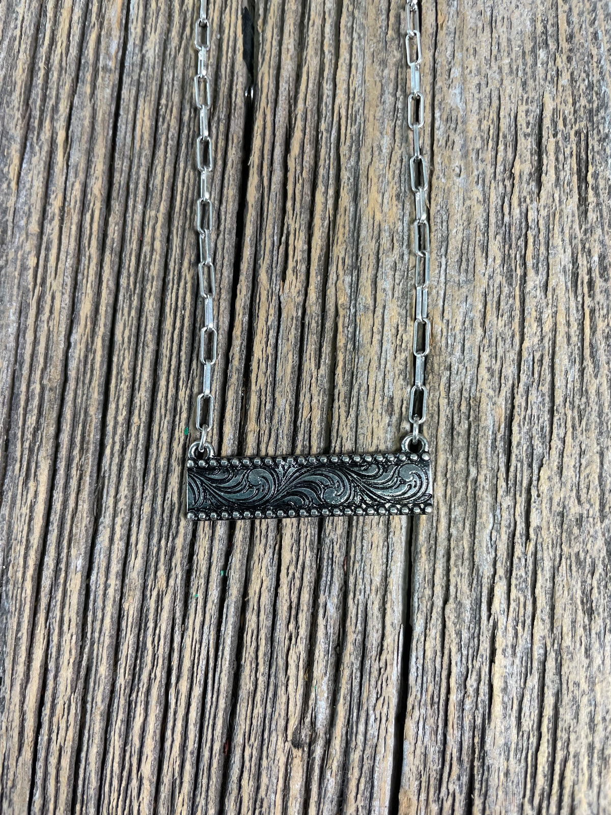 Floral Engraved Silver Look Bar Necklace