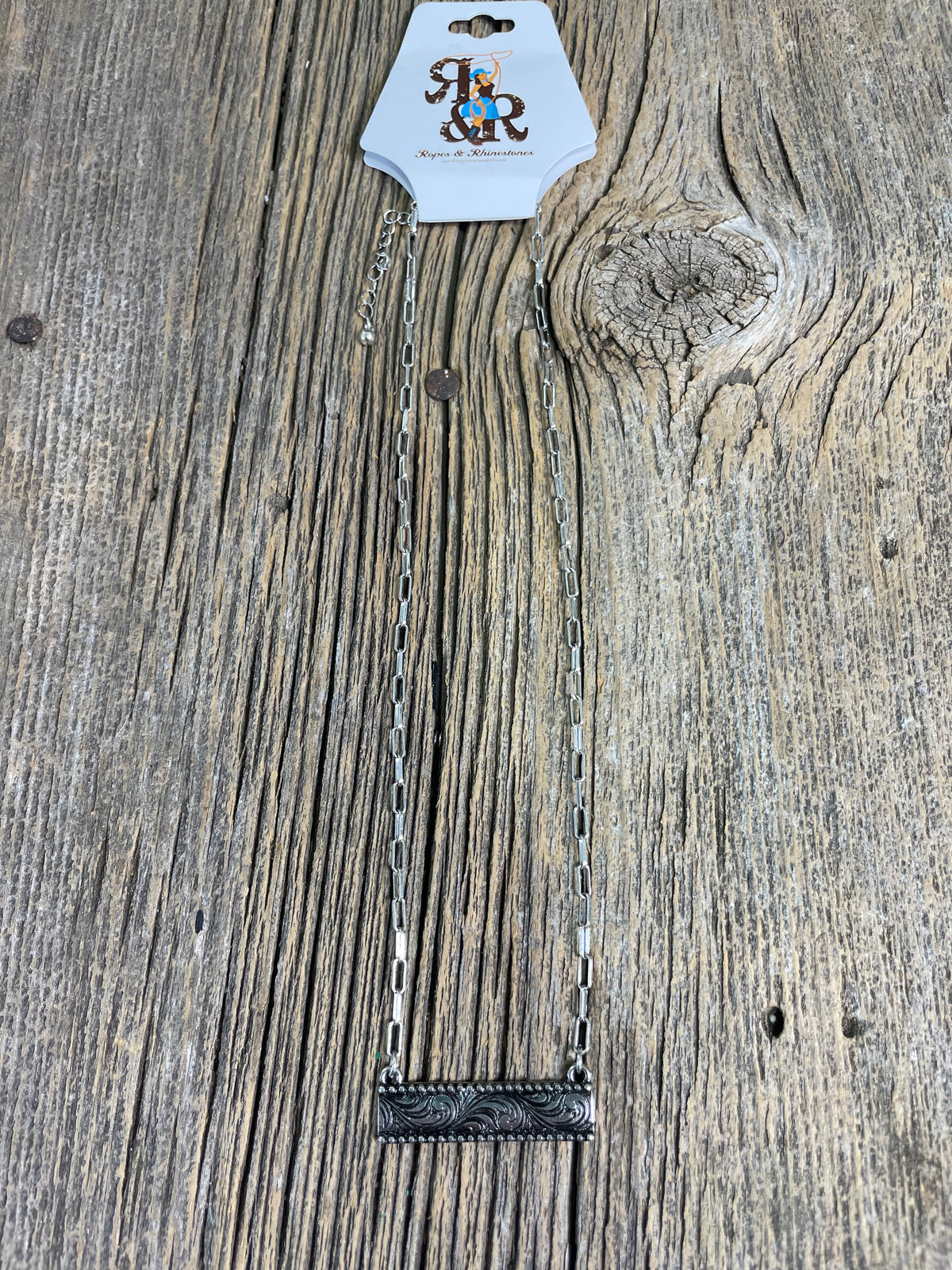 Floral Engraved Silver Look Bar Necklace