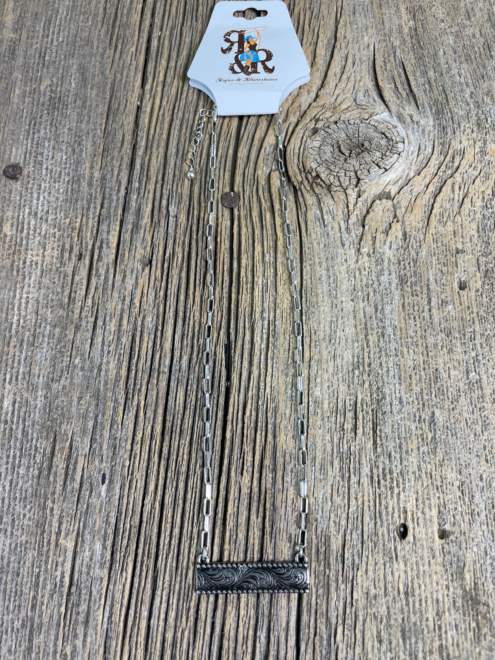 Floral Engraved Silver Look Bar Necklace