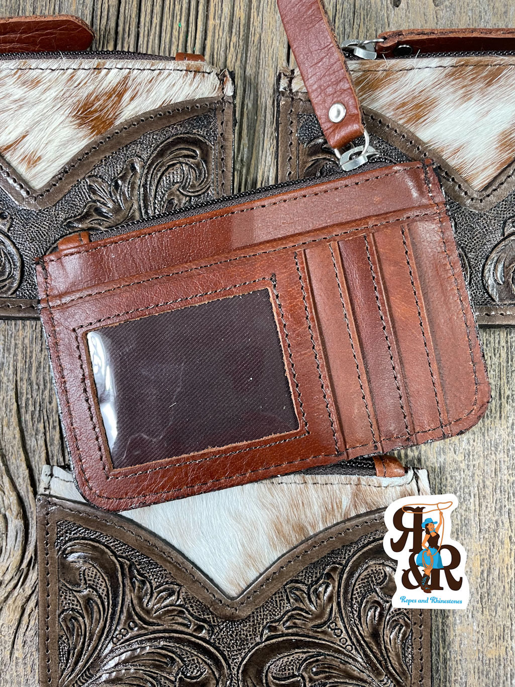 Tooled Leather Cowhide V Card Wallet &amp; Zipper Pouch