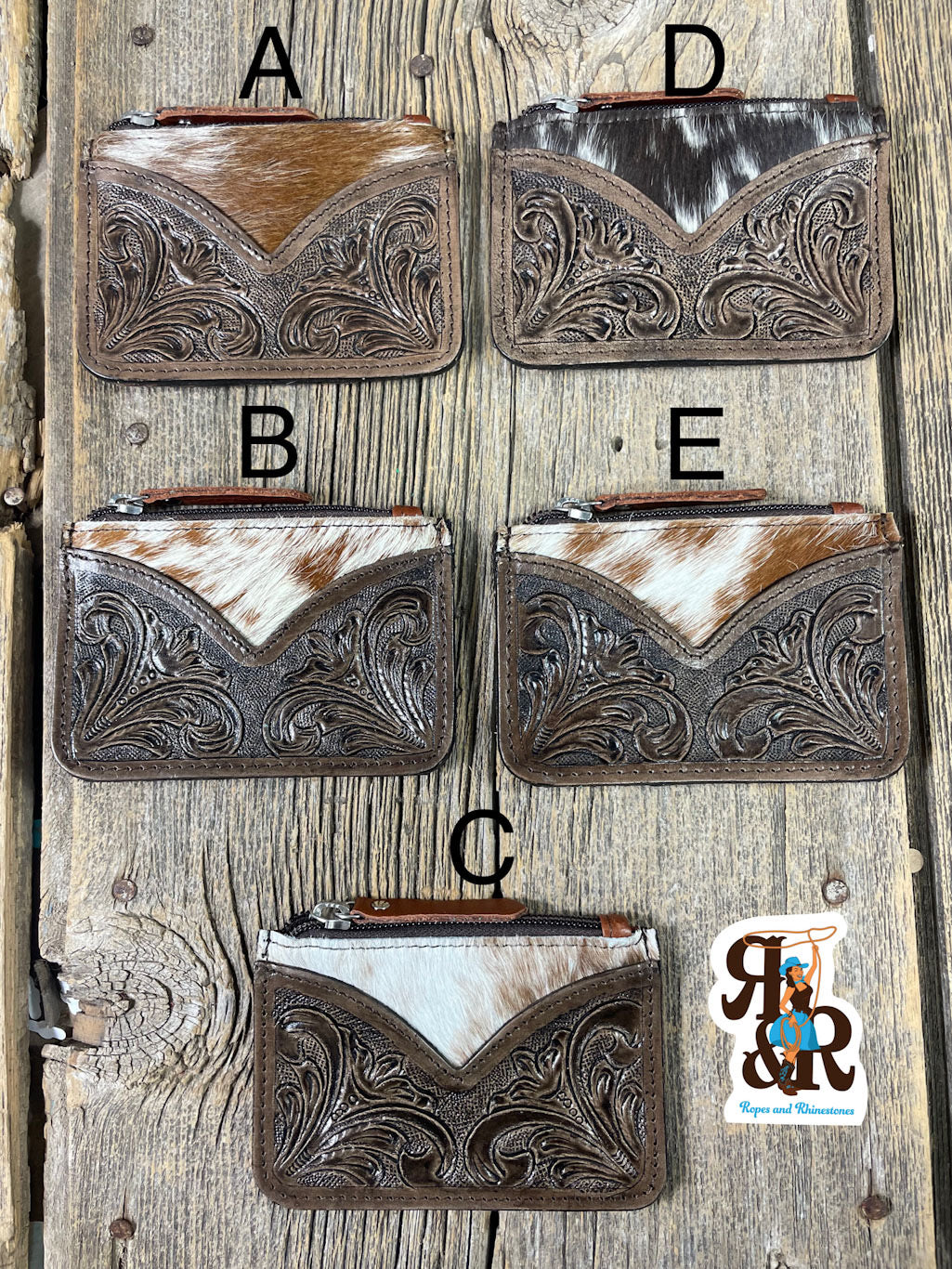 Tooled Leather Cowhide V Card Wallet & Zipper Pouch