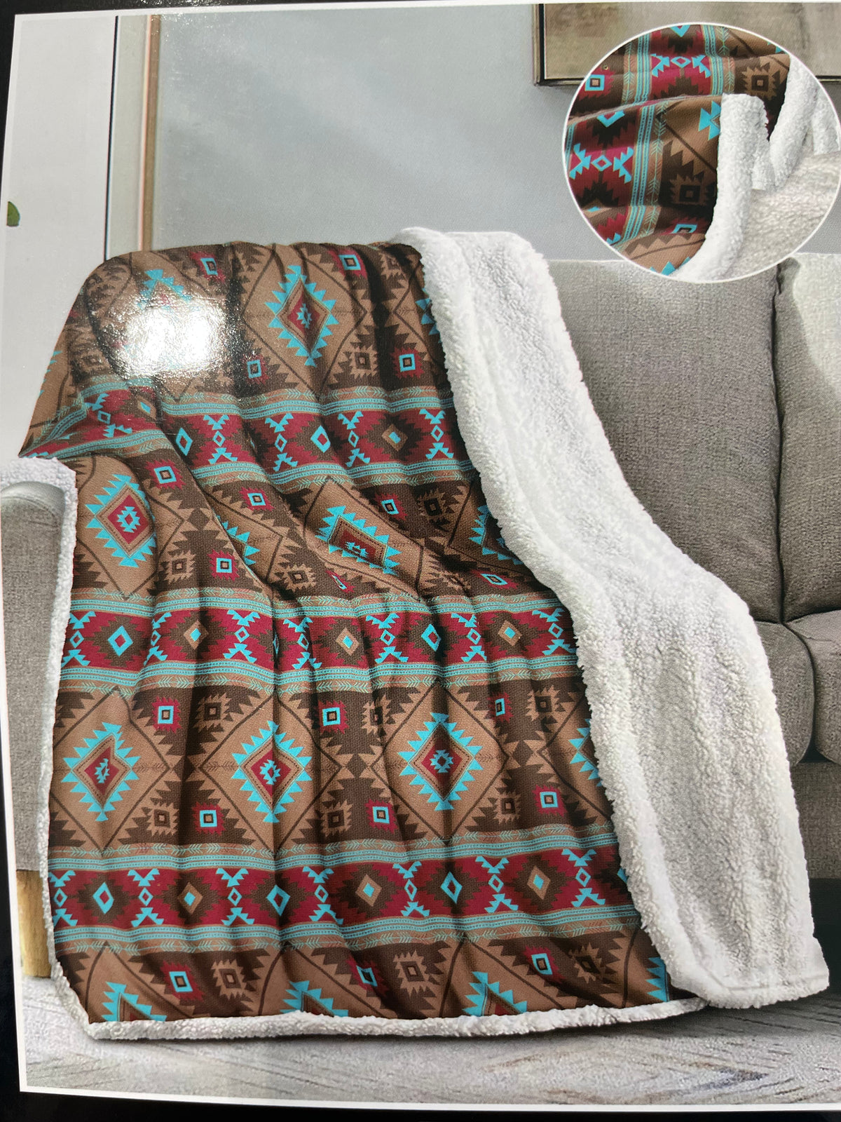 Western Print Plush &amp; Sherpa Queen Throw Blanket