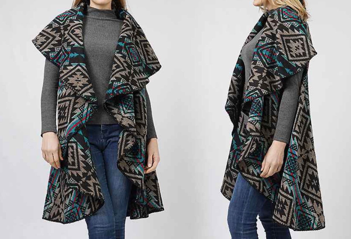 Black &amp; Blue Aztec Long Collar Vest