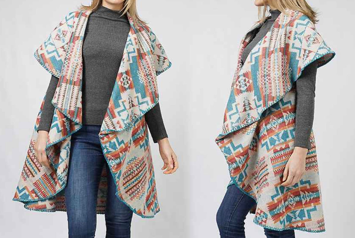 Blue &amp; Red Aztec Long Collar Vest