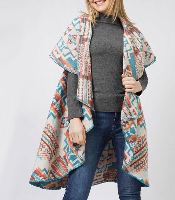 Blue &amp; Red Aztec Long Collar Vest