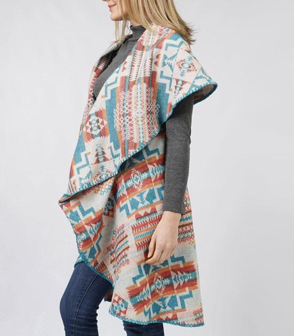 Blue &amp; Red Aztec Long Collar Vest