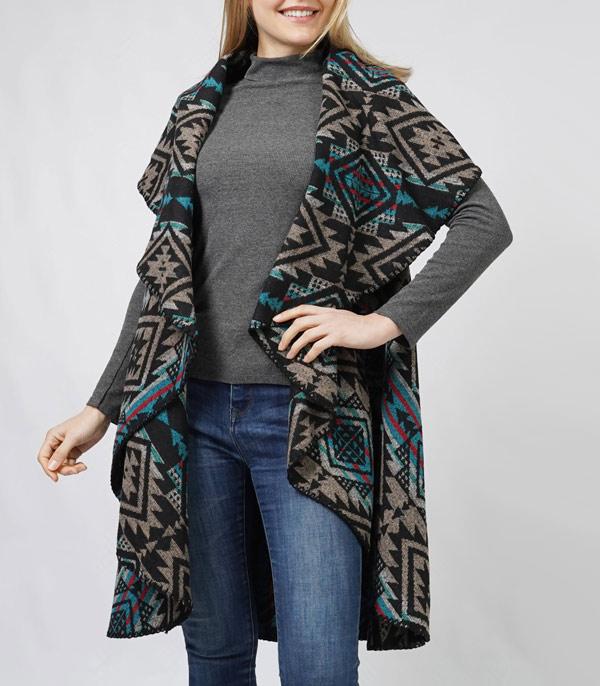Black &amp; Blue Aztec Long Collar Vest