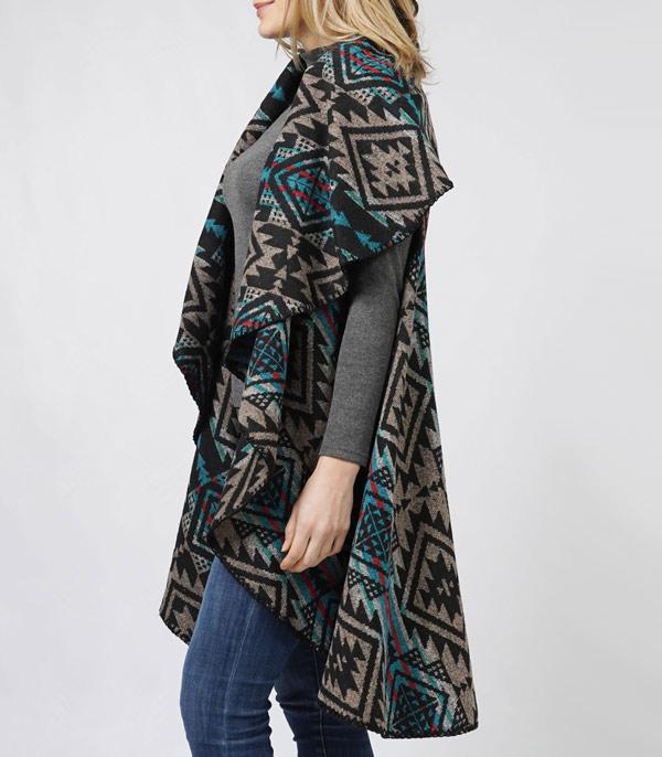Black &amp; Blue Aztec Long Collar Vest