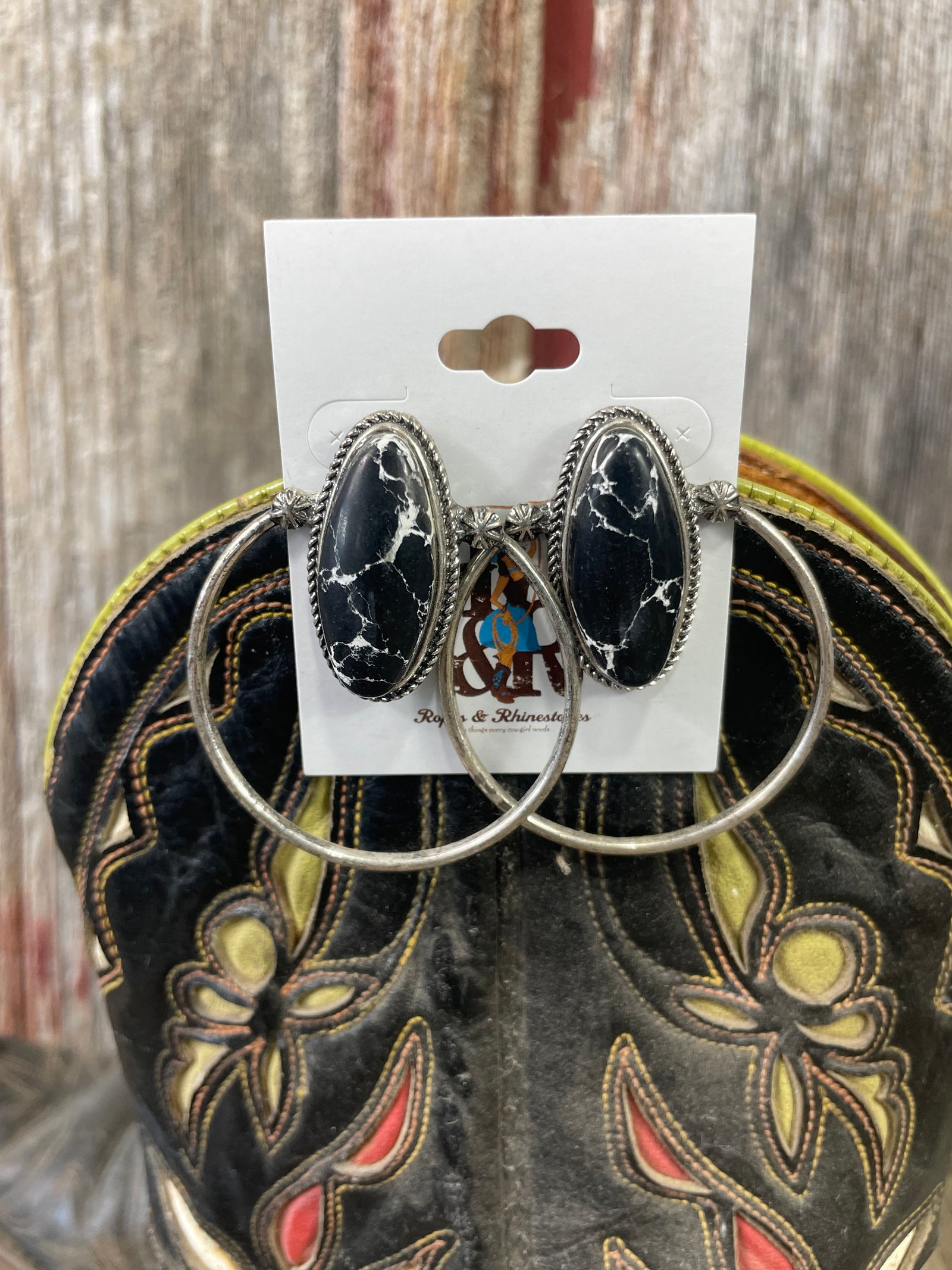 Black & White Stone Flat Hoop Earrings
