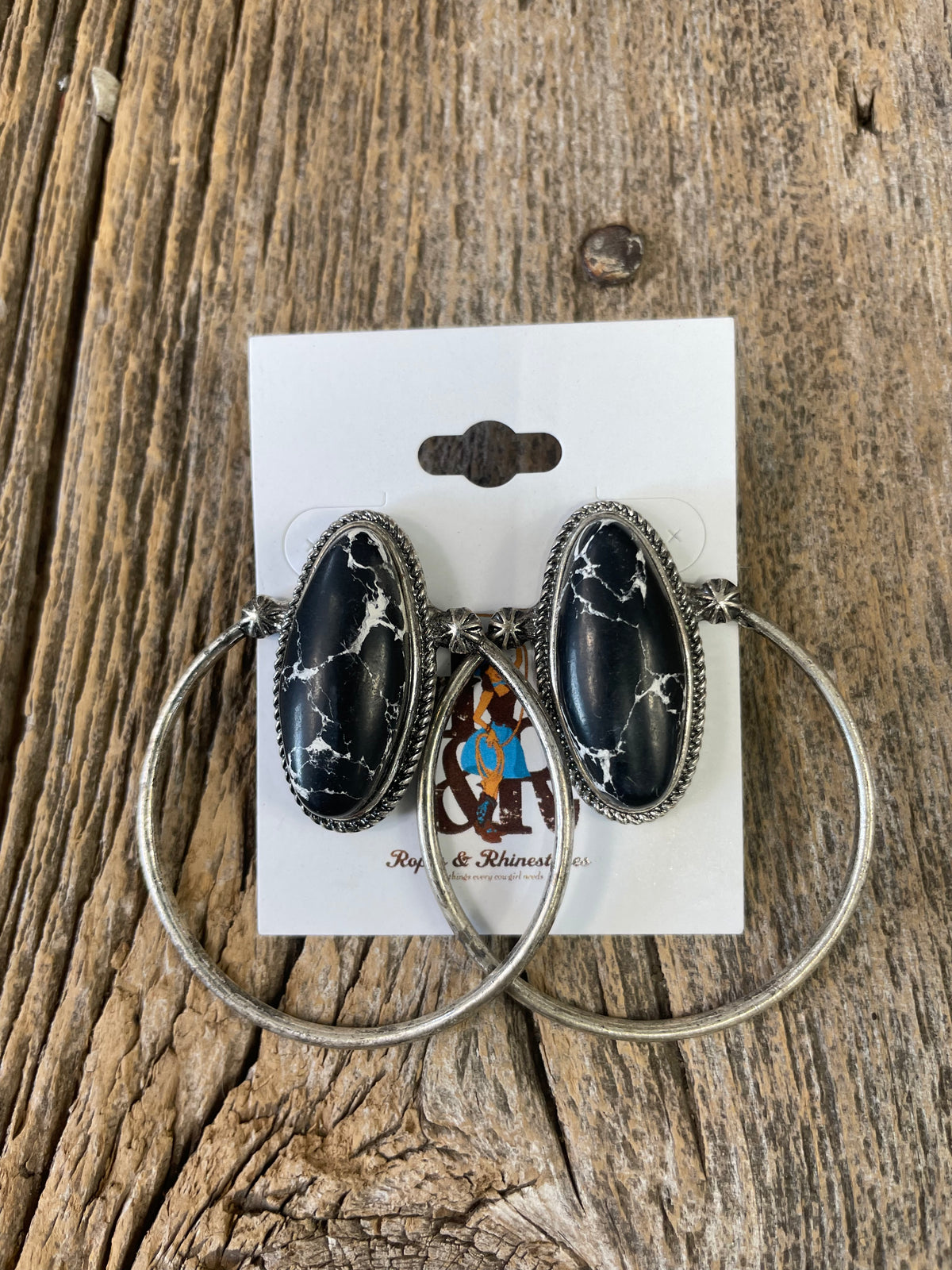 Black &amp; White Stone Flat Hoop Earrings