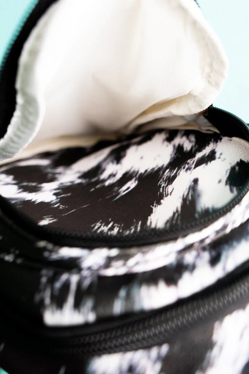 Black Cowhide Print Leatherette Sling Bag