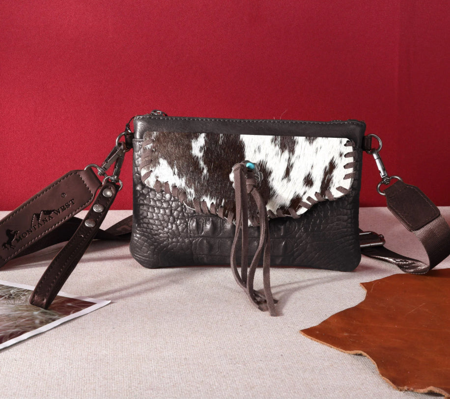 Croc Embossed Cowhide Clutch Crossbody Purse