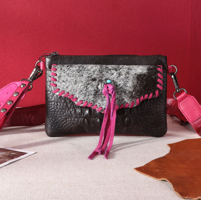 Croc Embossed Cowhide Clutch Crossbody Purse