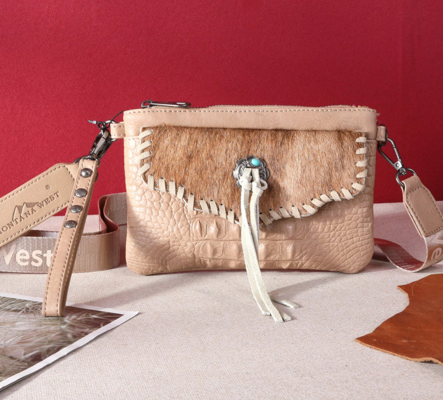 Croc Embossed Cowhide Clutch Crossbody Purse