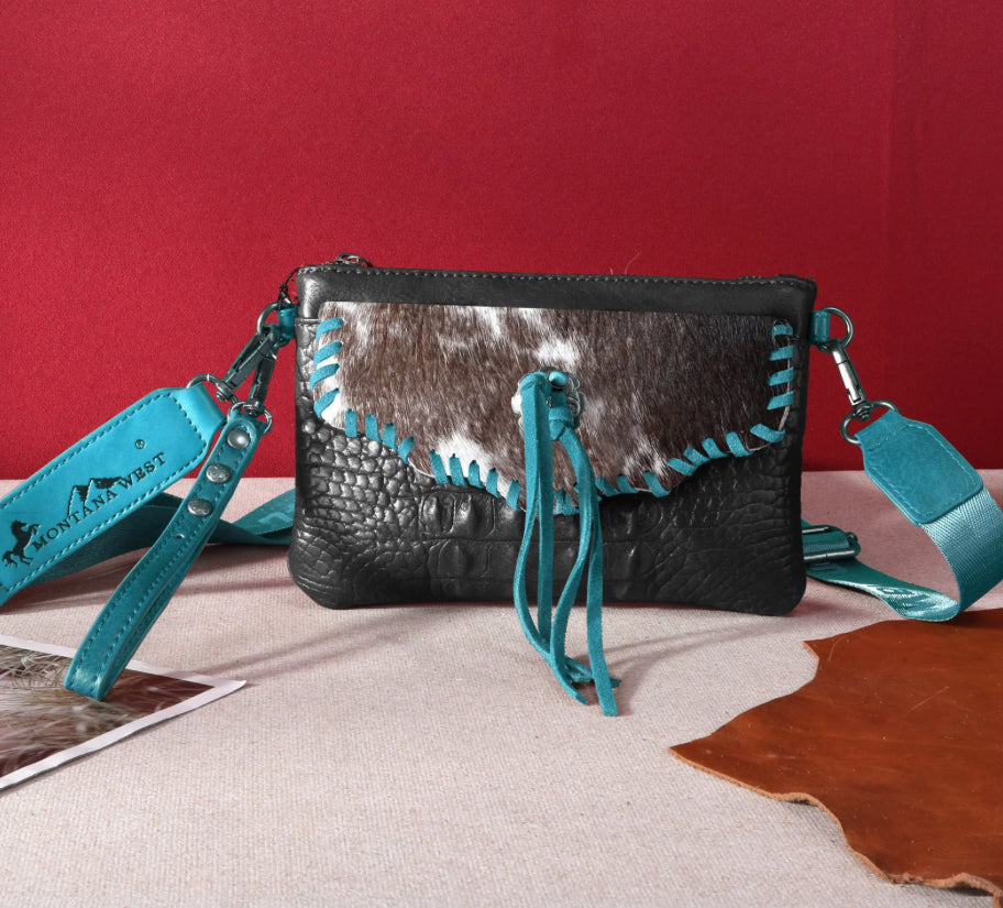 Croc Embossed Cowhide Clutch Crossbody Purse