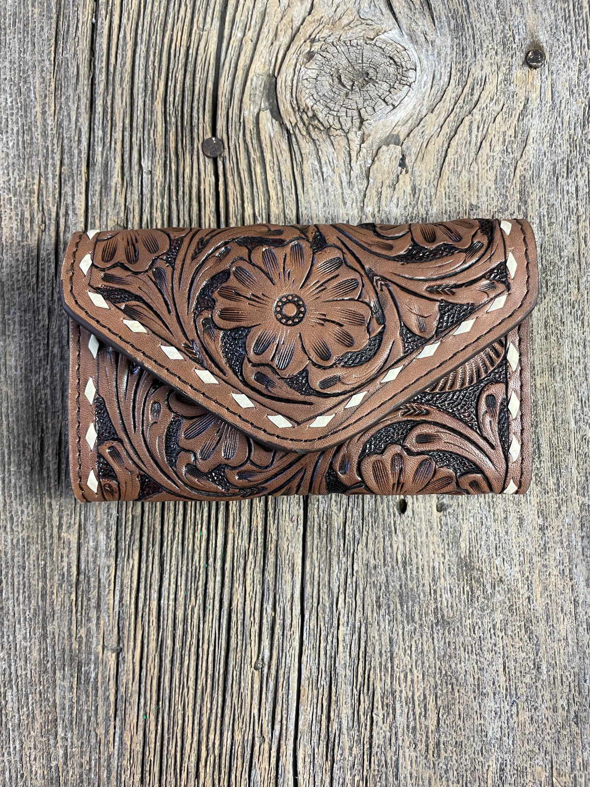 Tooled Leather Tri Fold Card Wallet