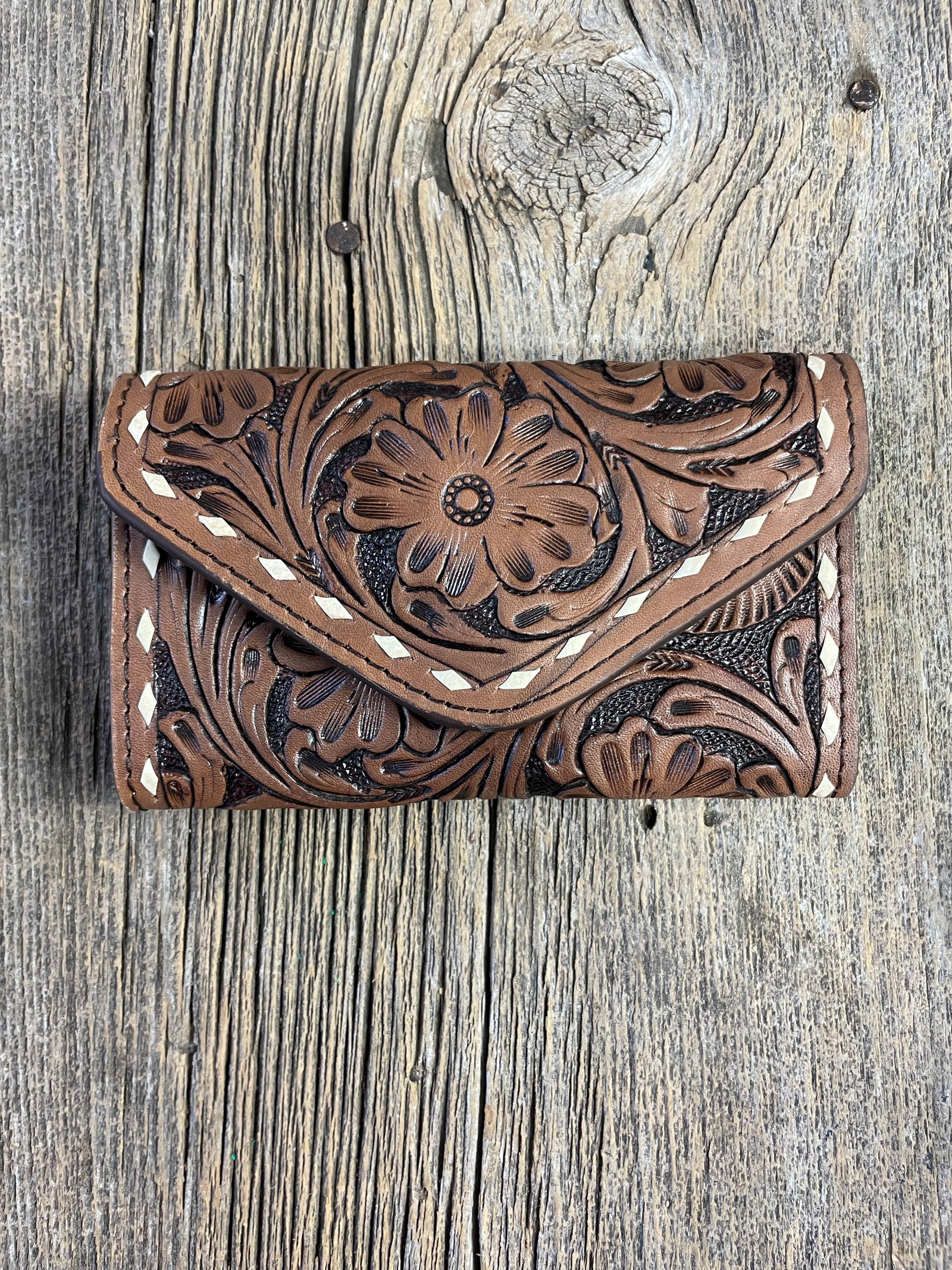 Tooled Leather Tri Fold Card Wallet