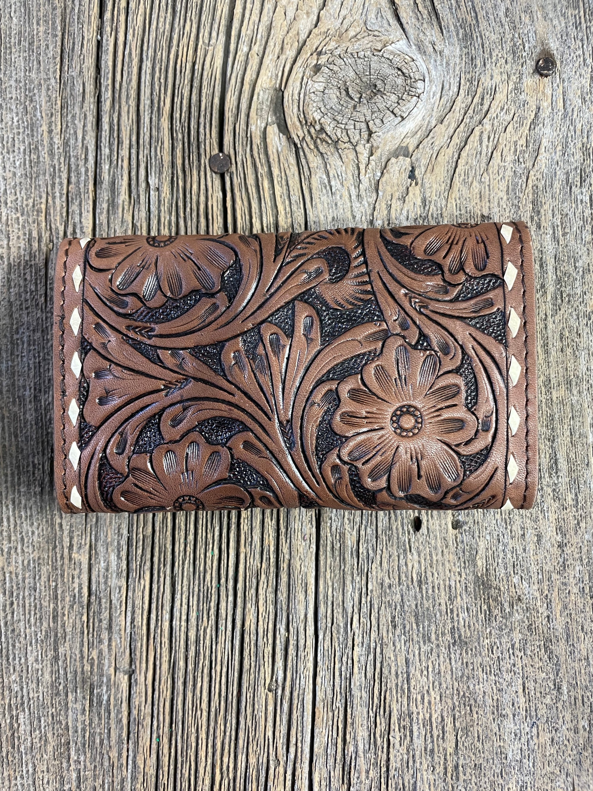Tooled Leather Tri Fold Card Wallet
