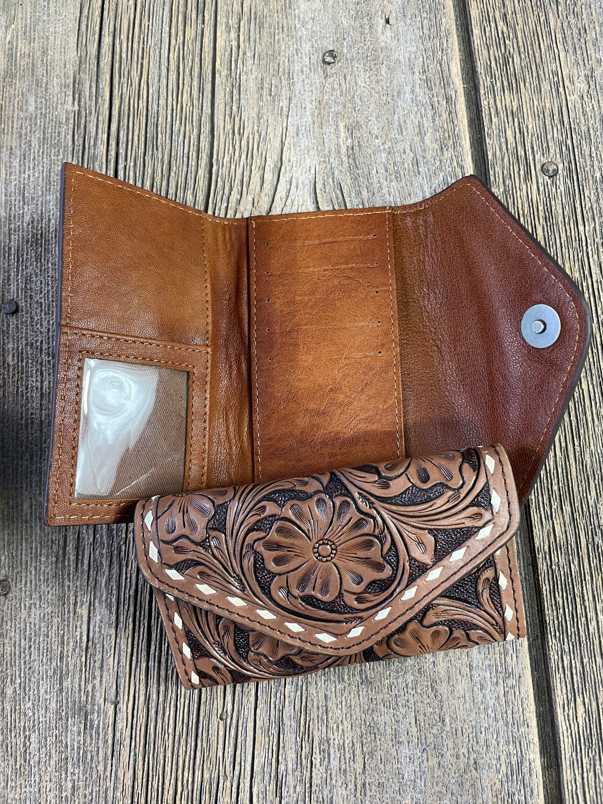 Tooled Leather Tri Fold Card Wallet