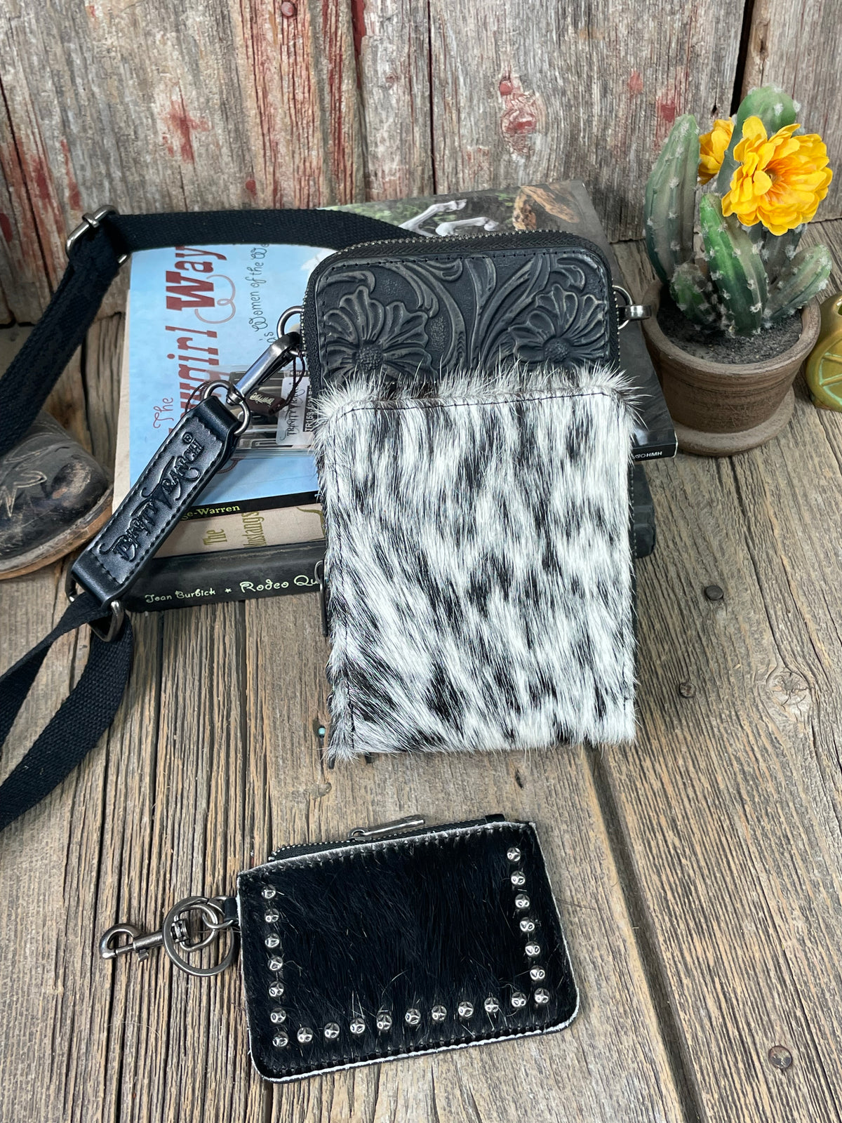 Cowhide Tooled Phone Crossbody Purse with Coin Purse