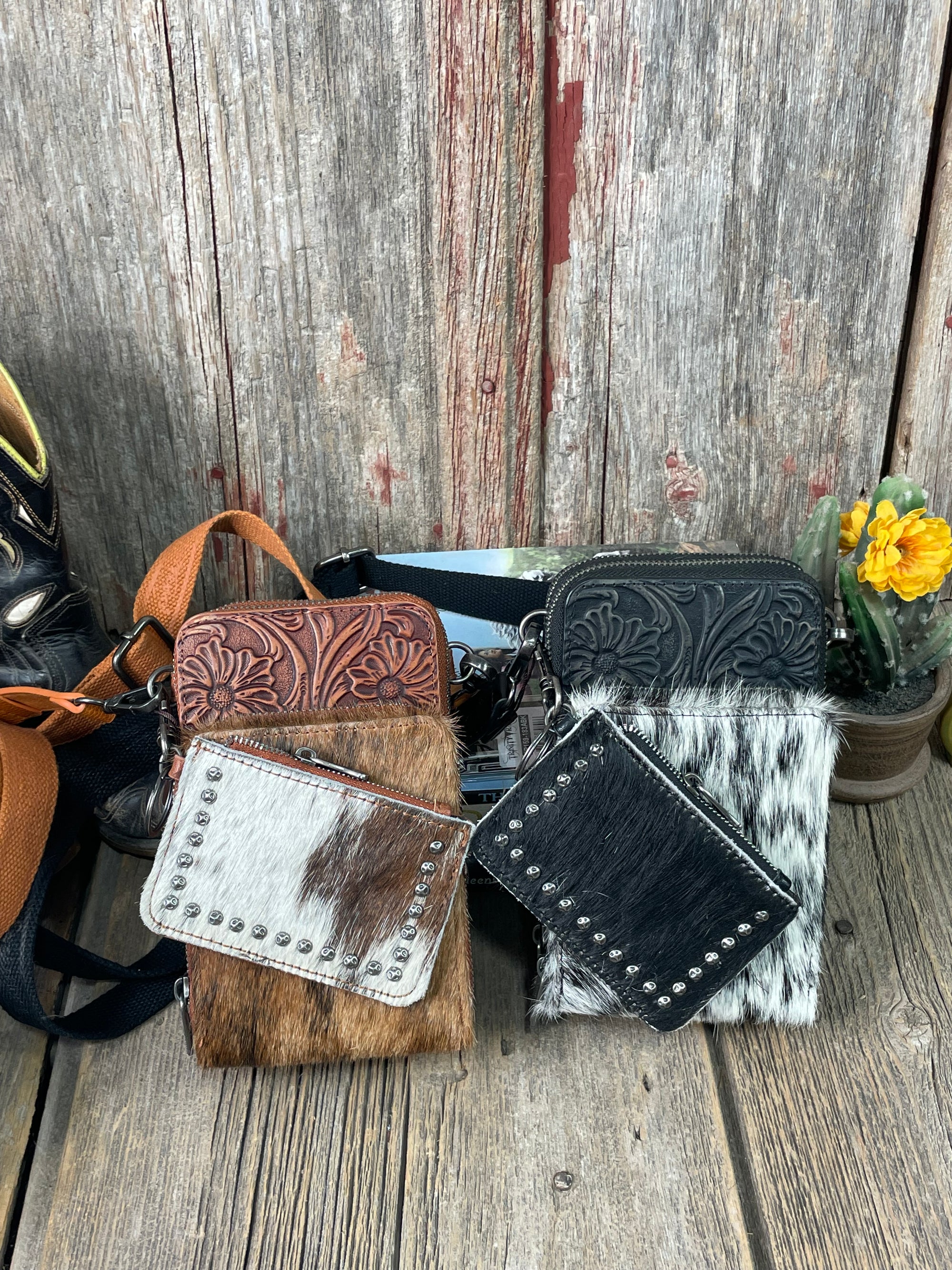 Cowhide Tooled Phone Crossbody Purse with Coin Purse