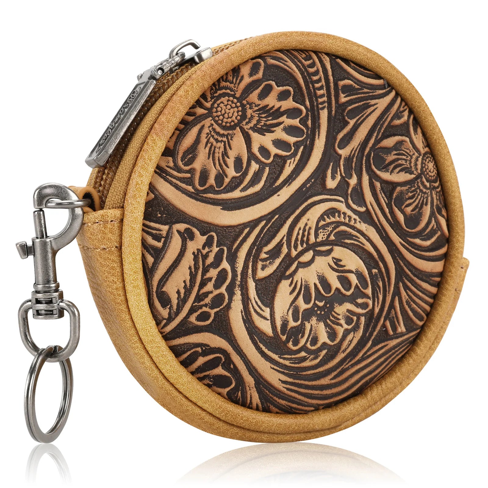 Tooled Leather Look Coin Purse Key Chain