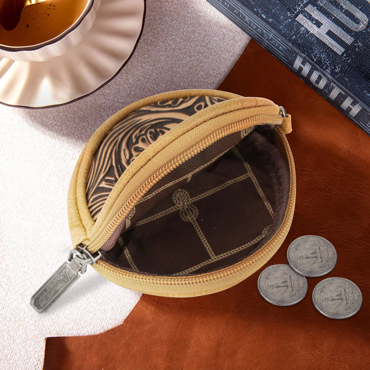 Tooled Leather Look Coin Purse Key Chain