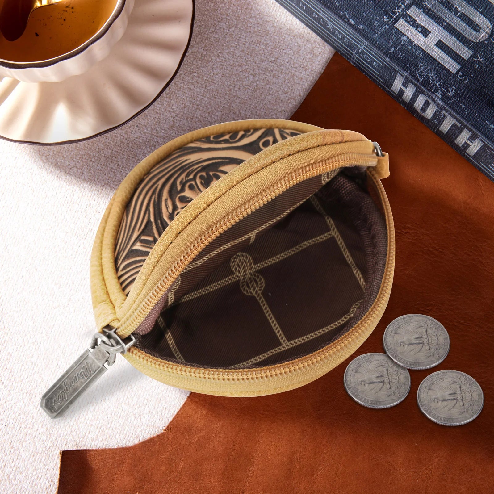 Tooled Leather Look Coin Purse Key Chain