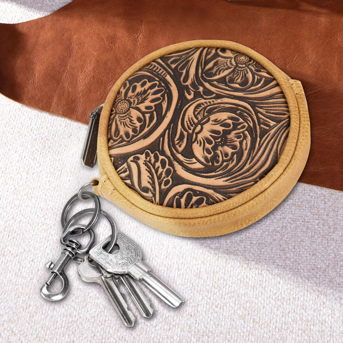 Tooled Leather Look Coin Purse Key Chain