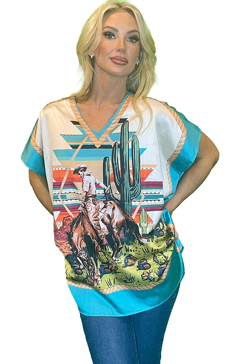 Aztec Cowboy Turquoise Poncho