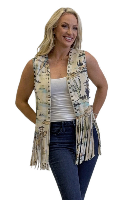 Vintage Cowboy Cactus Fringe Vest