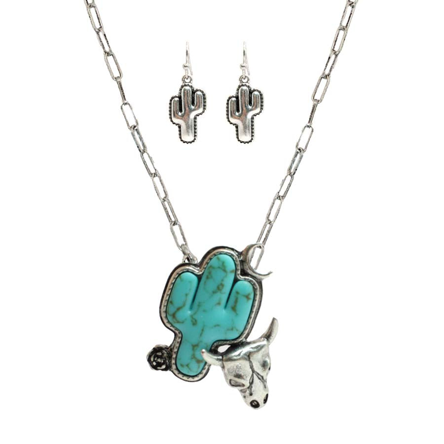 Cactus Cow Skull Necklace Set