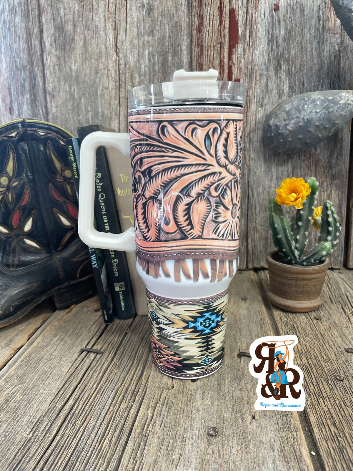 Tooled Leather &amp; Fringe Print 40 oz cup