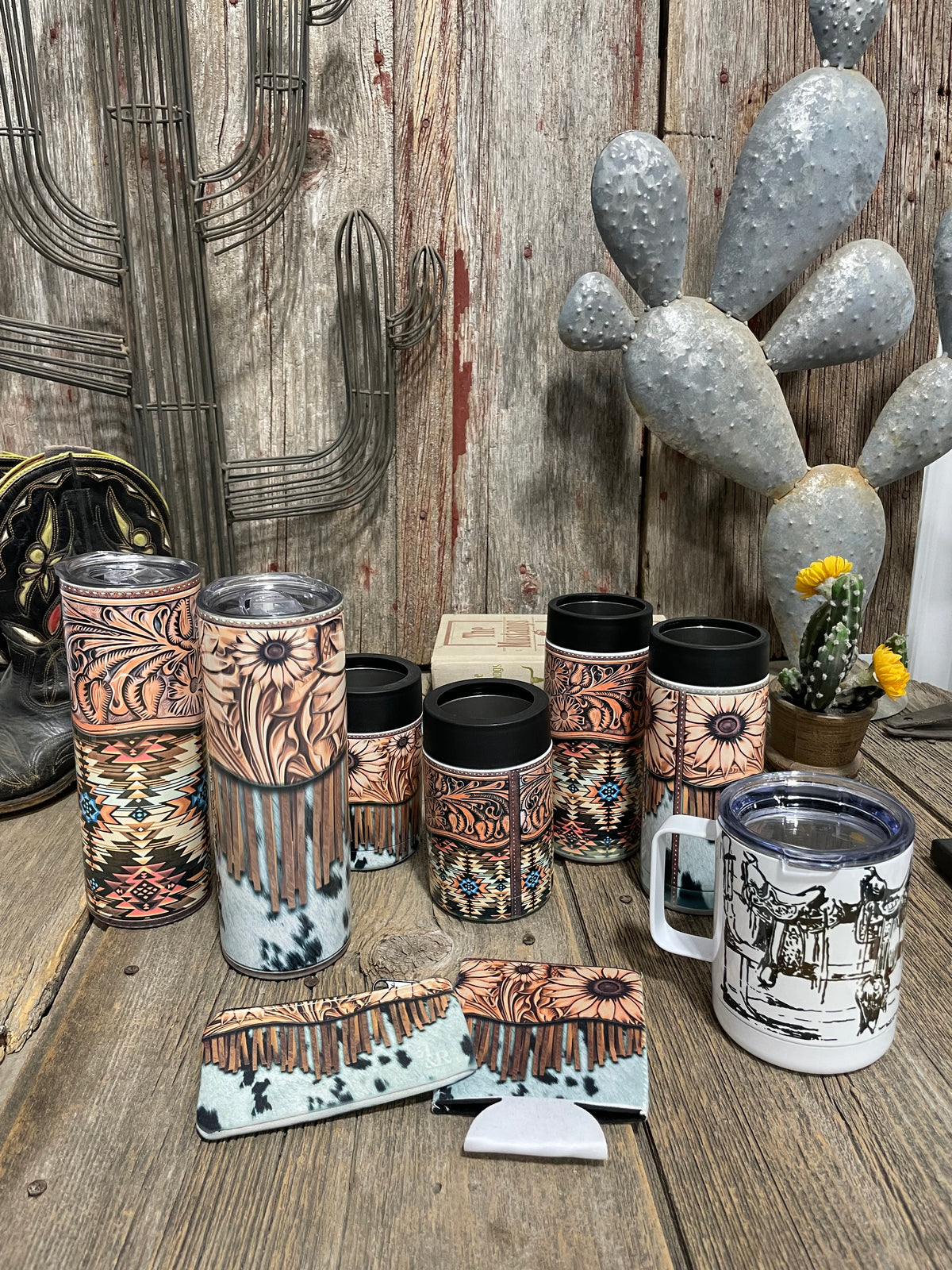 Tooled Leather, Fringe &amp; Cowhide Skinny Can Cooler