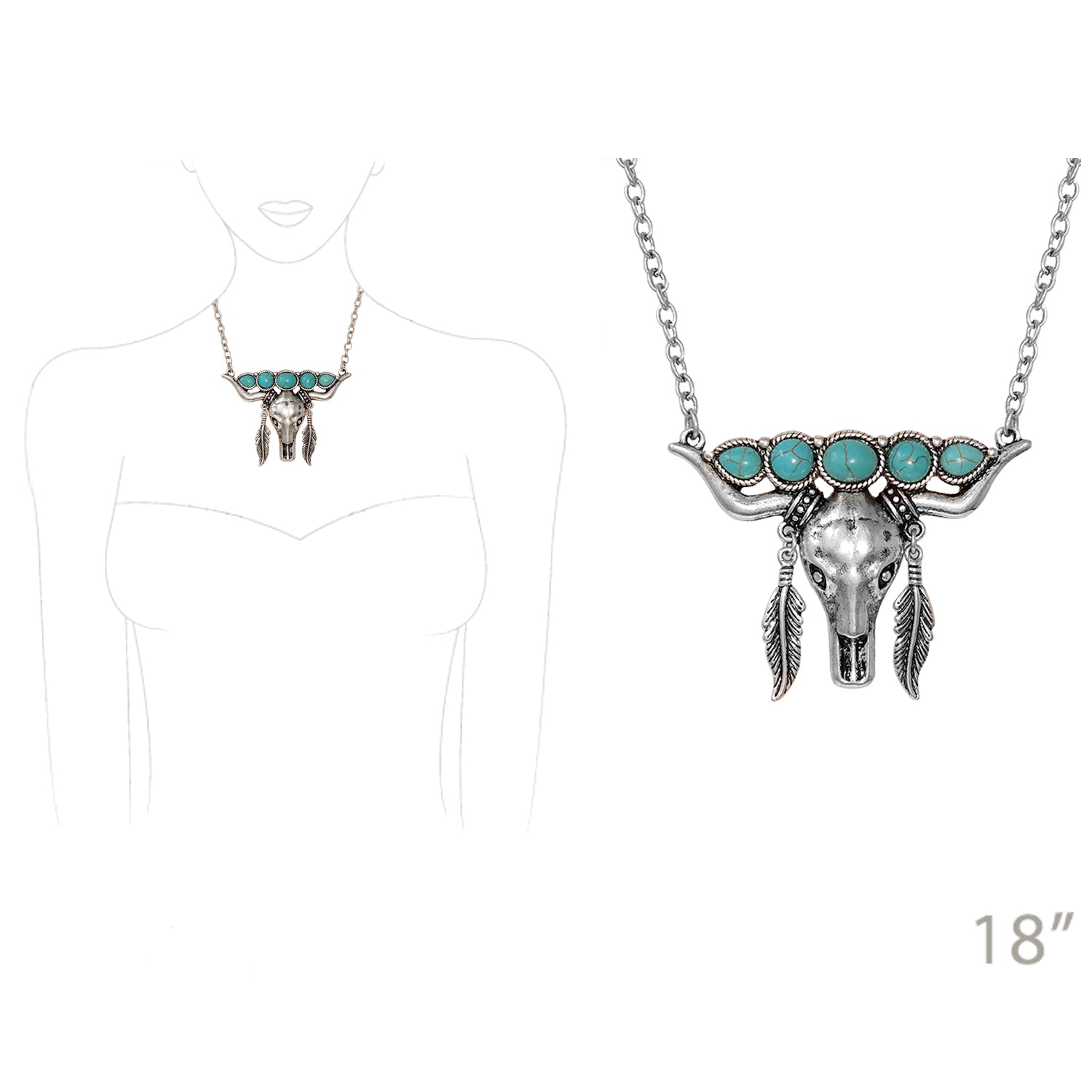 Cow Skull Turquoise Feather Necklace