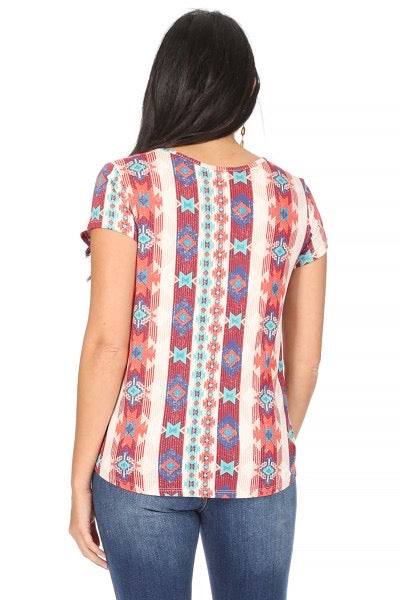 Coral Aztec Short Sleeve Top