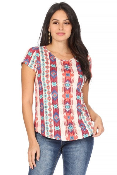 Coral Aztec Short Sleeve Top