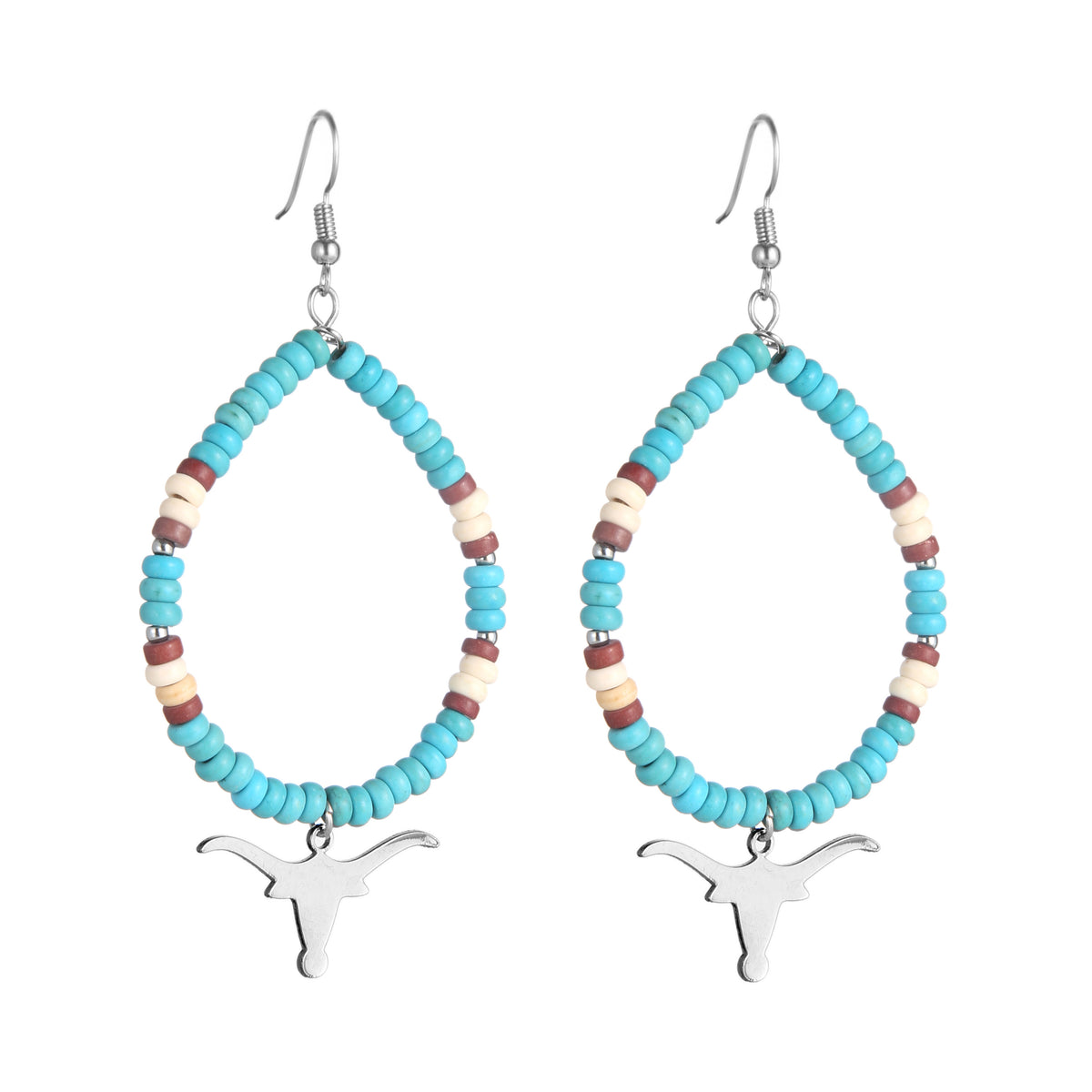 Cow Skull Turquoise Beaded Hoop Earrings