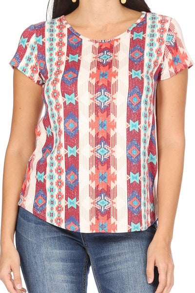 Coral Aztec Short Sleeve Top
