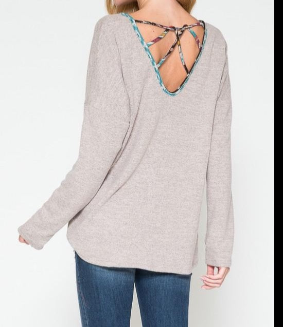 Solid Crisscross V-back Top With Aztec Print Trim