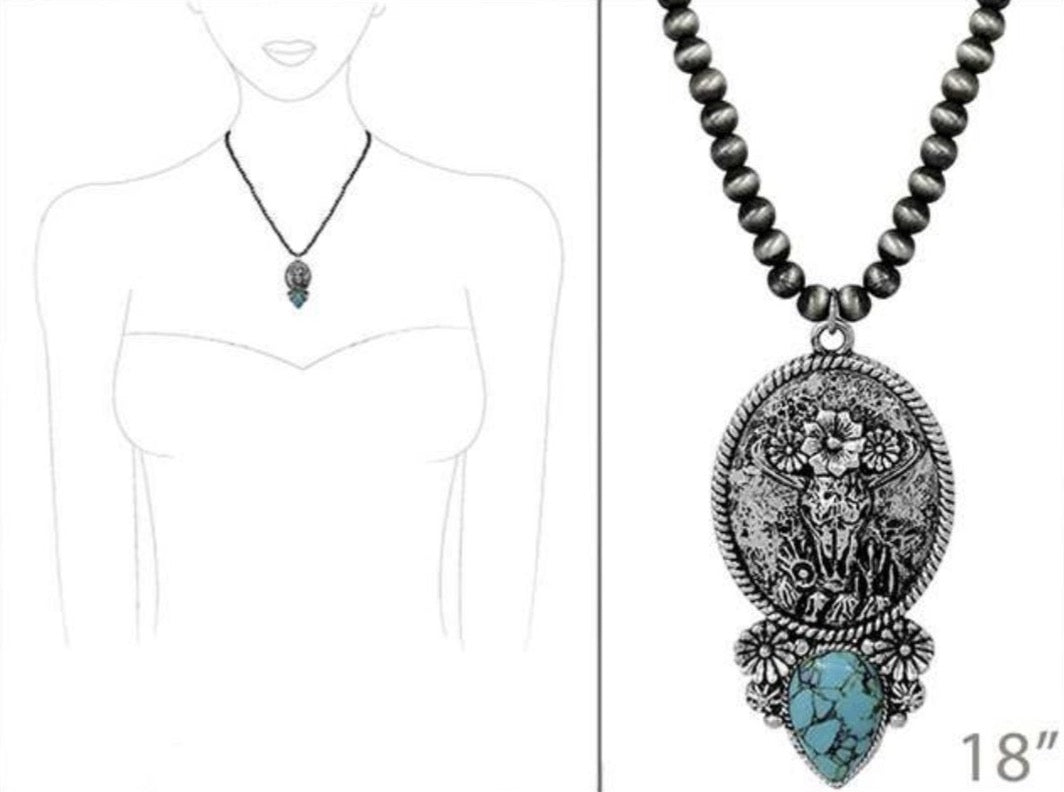 Cow Skull &amp; Floral Turquoise Navajo Pearl Look Necklace