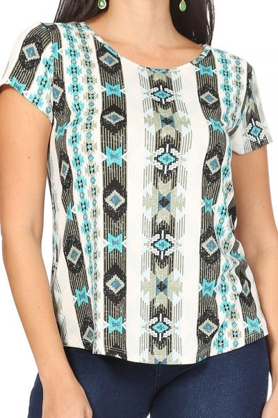 Turquoise Aztec Short Sleeve Top